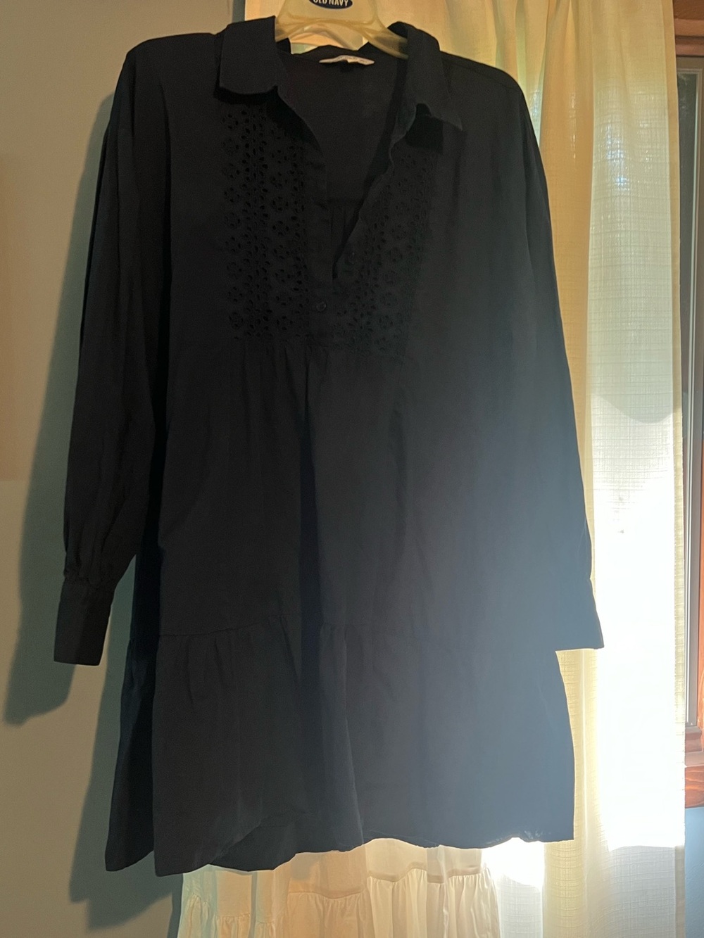 Navy Long-Sleeve Embroidered Tunic Dress